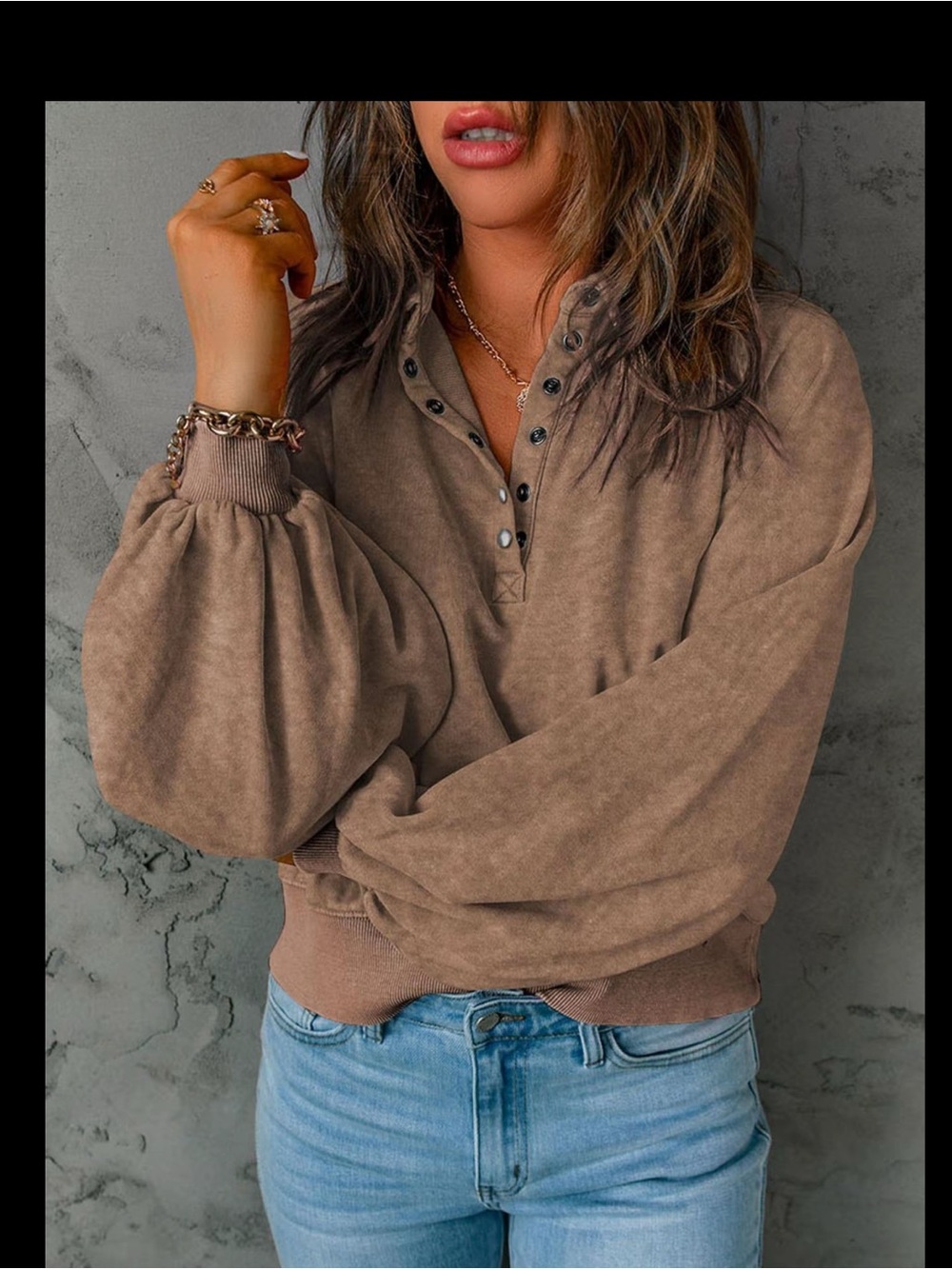 Women’s Taupe Button-Placket Balloon Sleeve Top